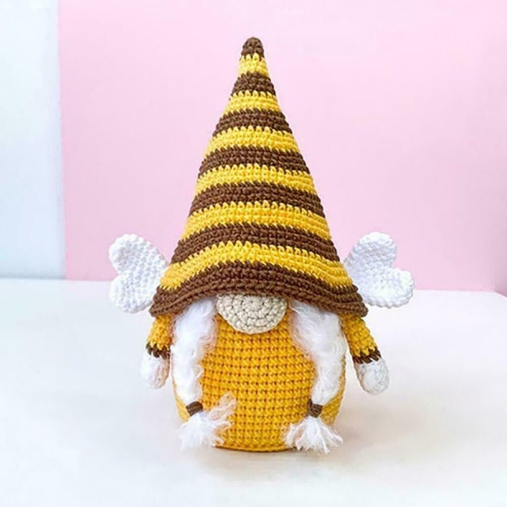 Gnome Bee Plush Butterfly Wings White Braids Faceless Crocheted Doll Gift NEW